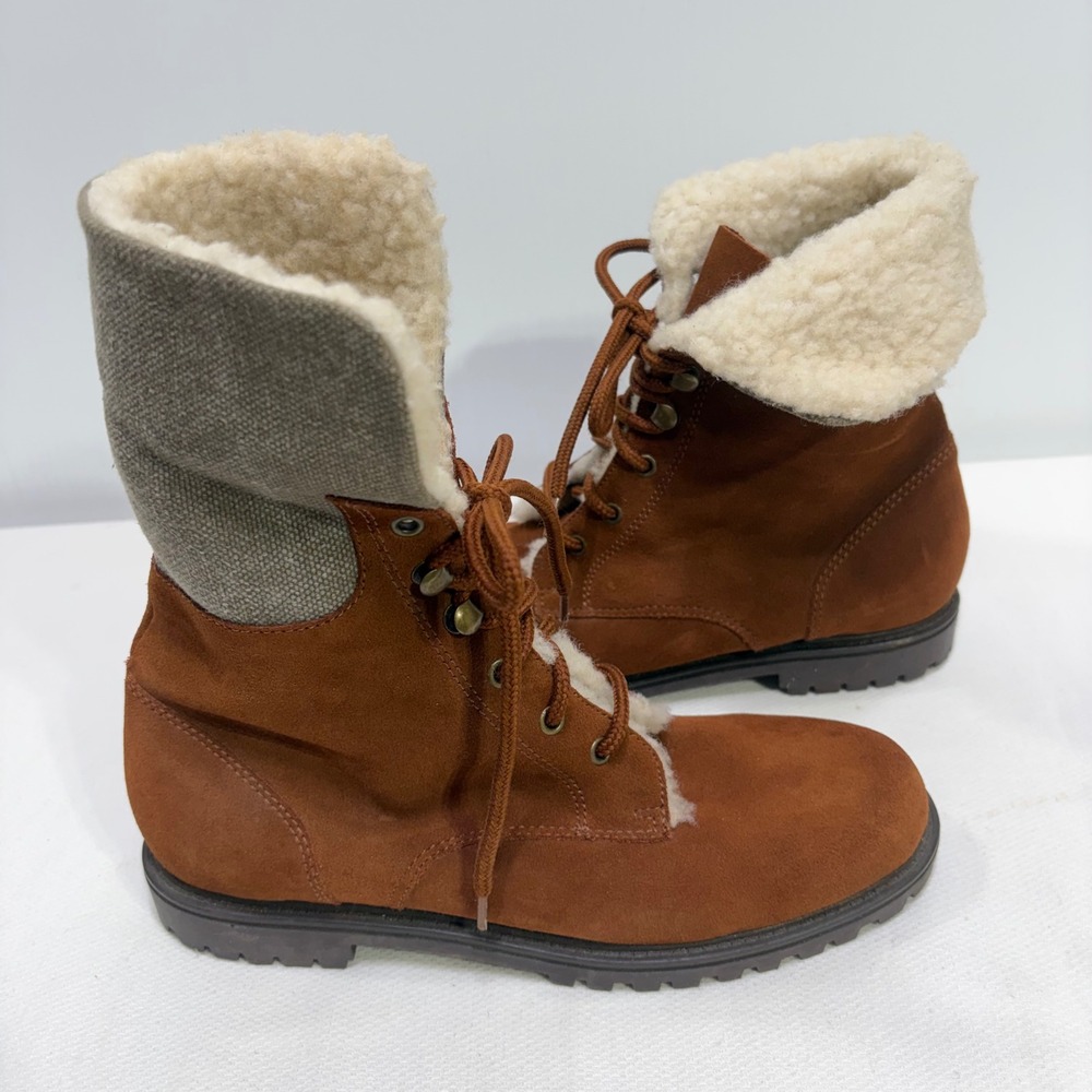 Westies Brown Leather Faux Fur Lined Lace Up Combat Boots Women 8 M